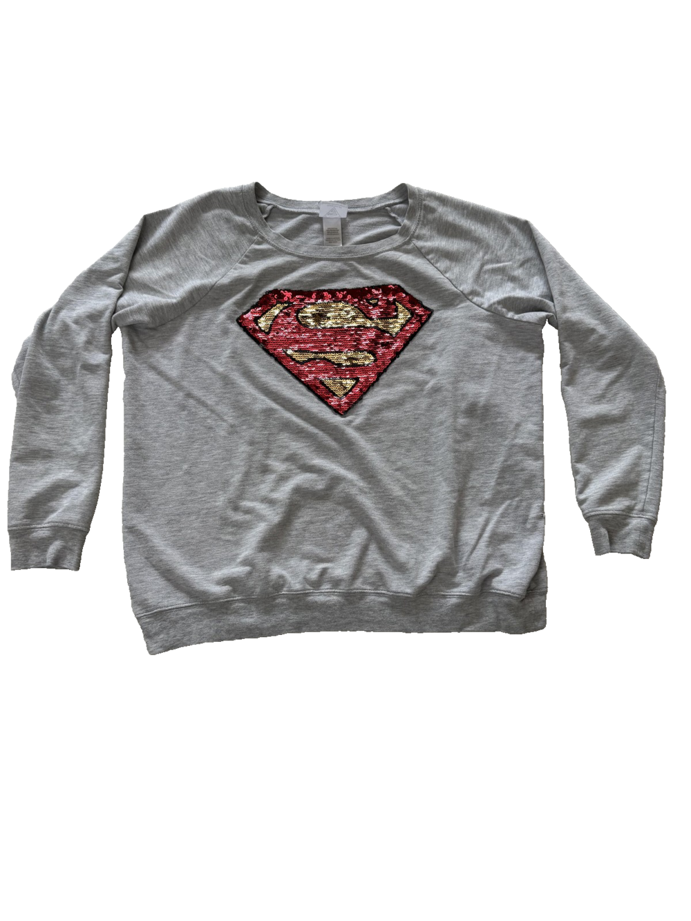 DC Comics Superman Sweatshirt Womens XL Gray Sequin Logo Pullover Crewneck
